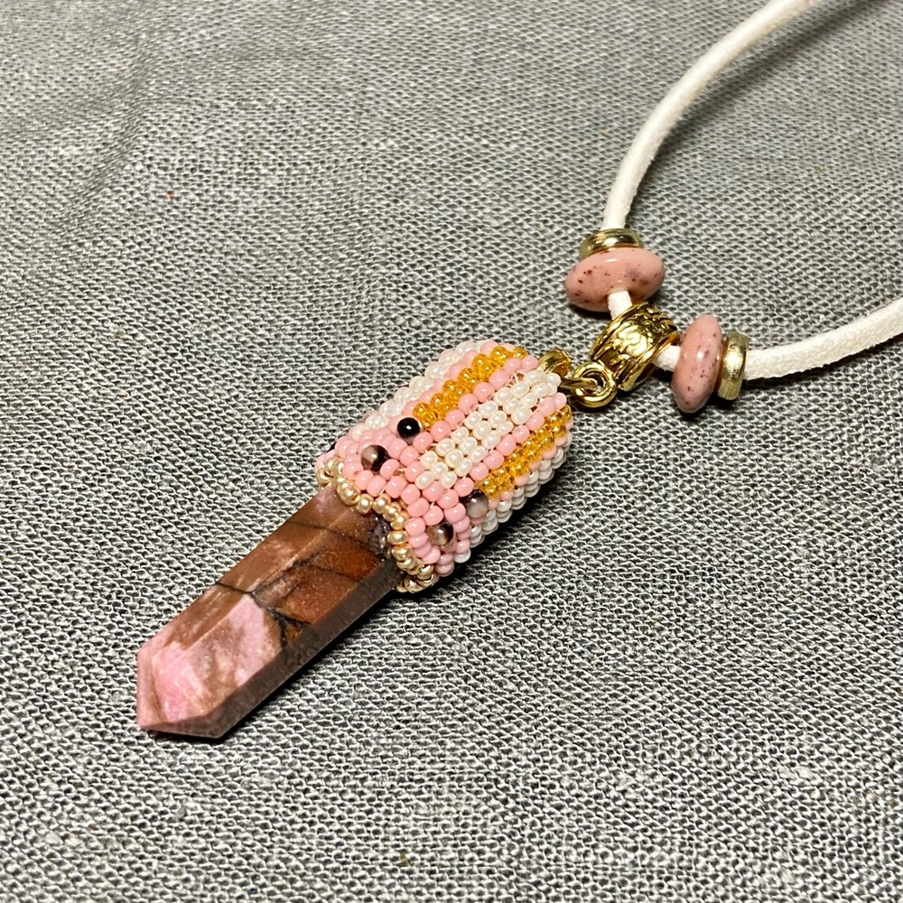 Beaded Rhodonite Gemstone Point Hand Crafted Pendant Necklace